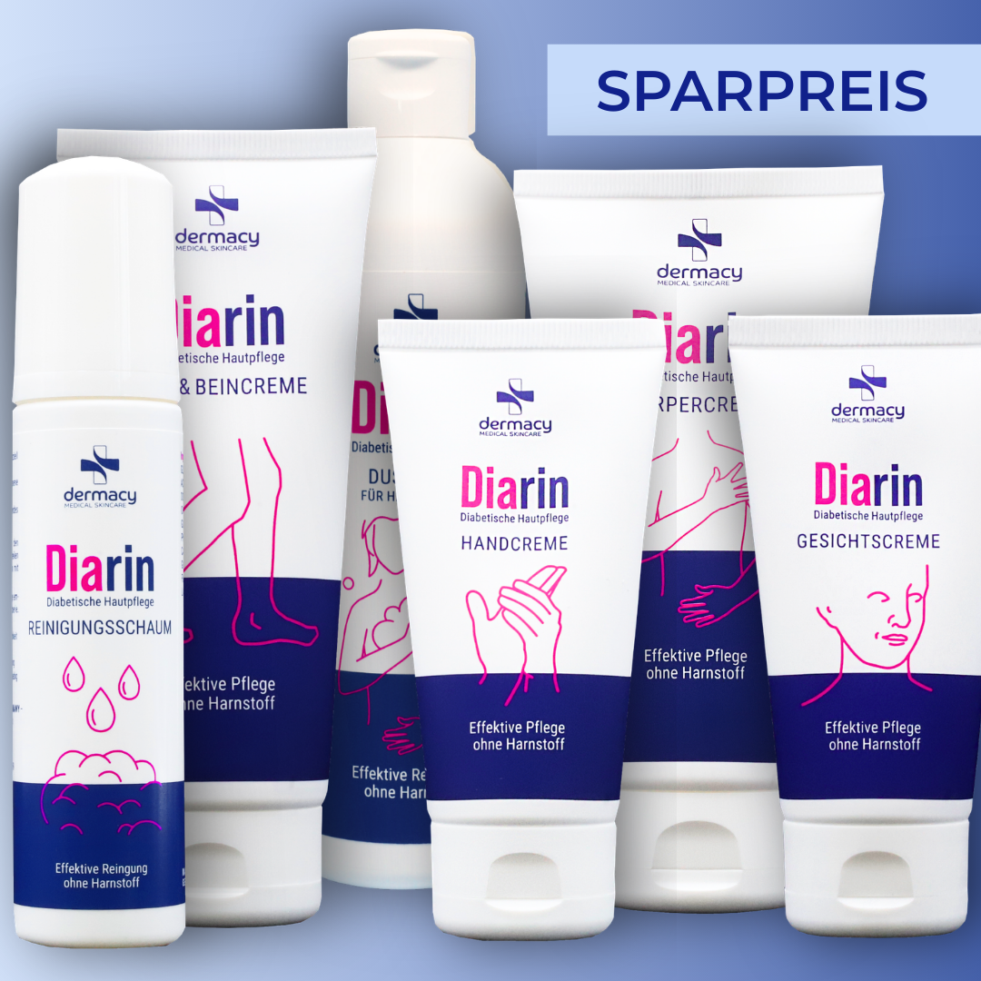Diarin Komplett-Pflegeset für empfindliche Haut bei Diabetes mit Reinigungsschaum, Duschgel, Gesichtscreme, Handcreme, Körpercreme und Fuß- und Beincreme